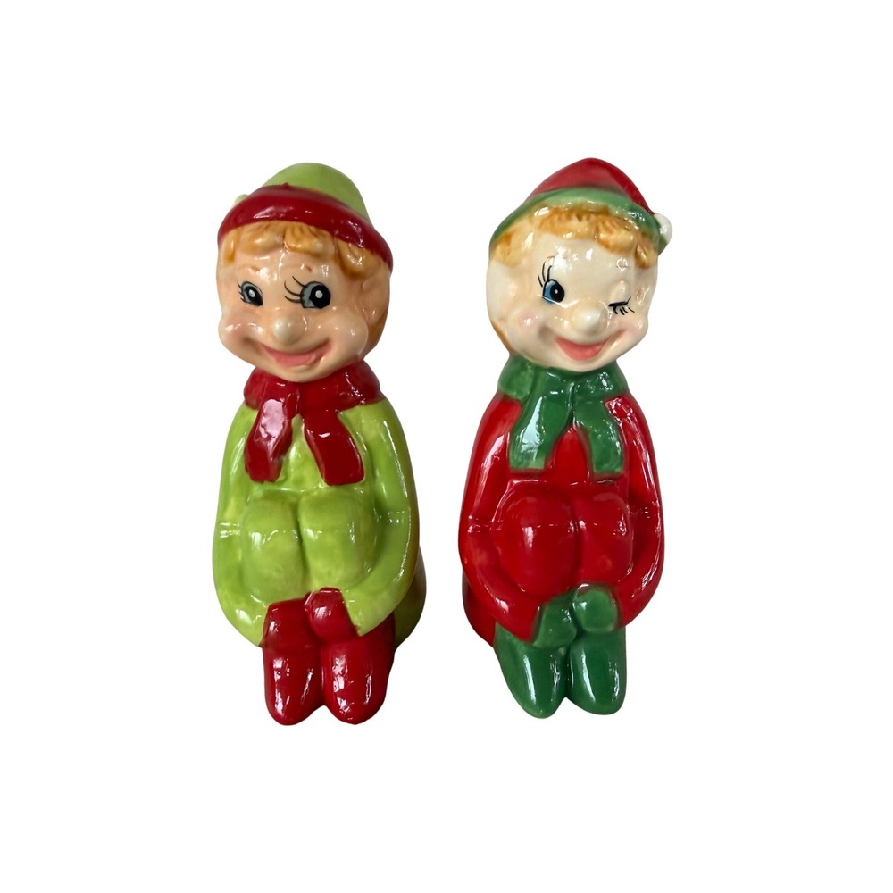 Vintage 1950s Winking Pixie Elf Salt & Pepper Shakers Christmas Ceramic 4.5"